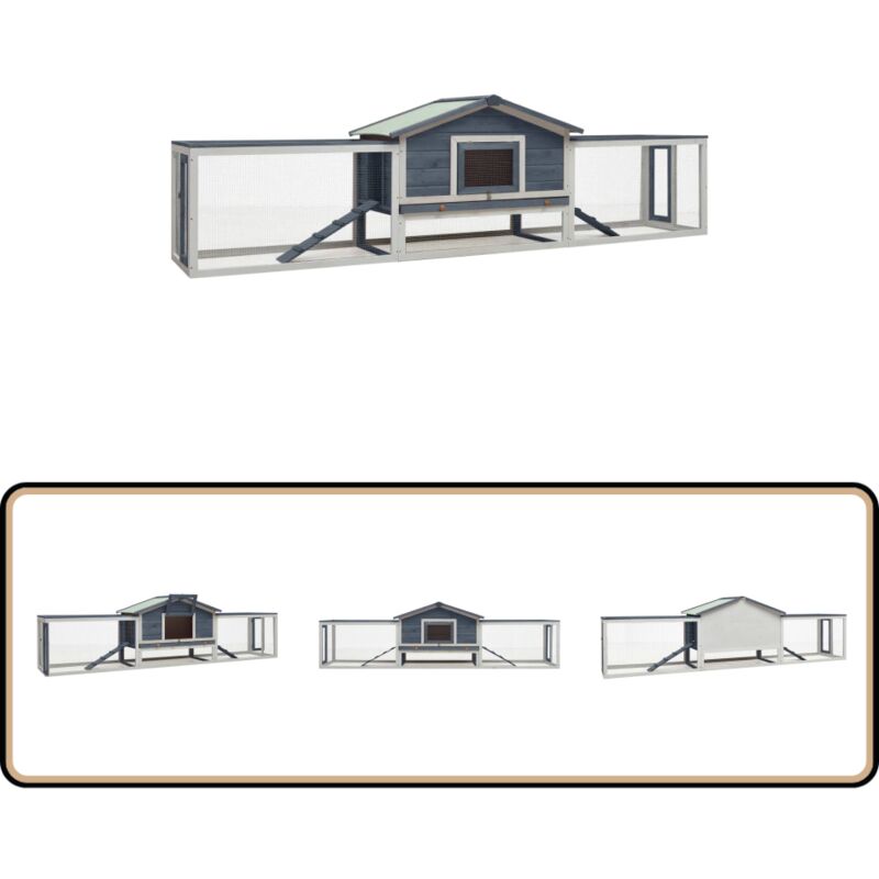 Kaninchenstall Grau 310x70x87 cm Kiefer & Tanne Massivholz - Holzhaus - Kaninchengestell - Kaninchengehege - Tierheim - Kleintiere