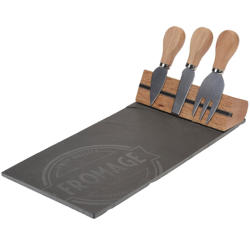 Käseplatte Set aus Schiefer und Bambus 4-teilig - 30 x 15 cm - Servierplatte inklusive Besteck und Magnet Halterung - Schieferplatte Käsebrett Buffet