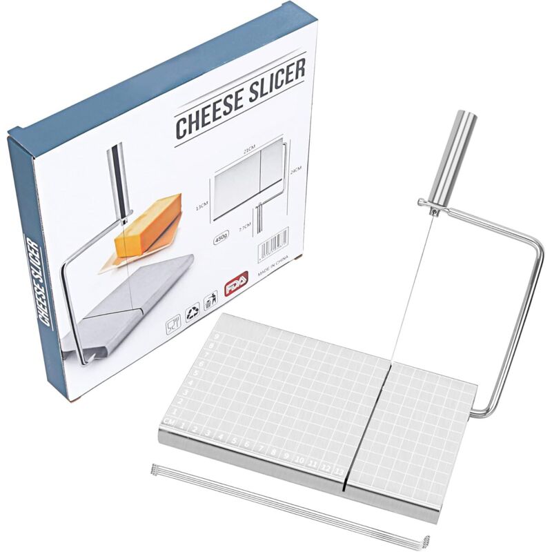 Käsehobel mit Skala, Käseschneider aus Edelstahl mit 6 Klingen, Schneidebrett aus Metall für Butter, Gemüse, Wurst, Schinken, Kräuter und andere