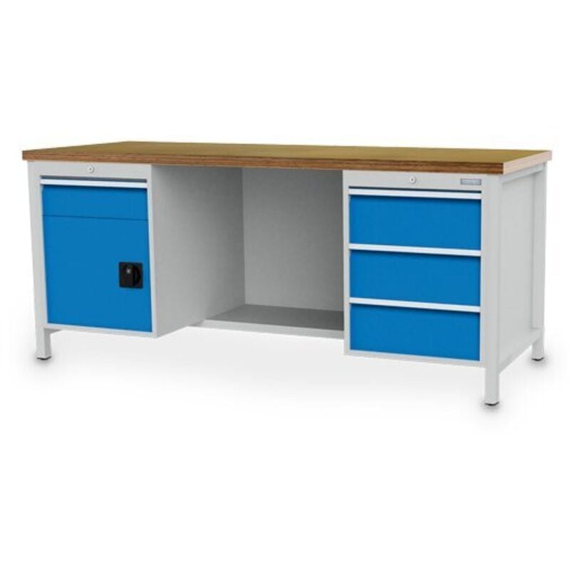 Kastenwerkbank Breite 2000 mm, R18-24, 4 x Schublade, 1 x Flügeltüre, 1 x Stahlfachboden halbe Tiefe, Rückwand Maße in mm (BxTxH): 2000 x 750 x 959