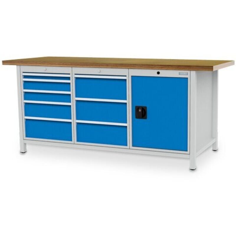Kastenwerkbank Breite 2000 mm, R18-24, 8 x Schublade, 1 x Fügeltüre mit Fachboden Maße in mm (BxTxH): 2000 x 750 x 859