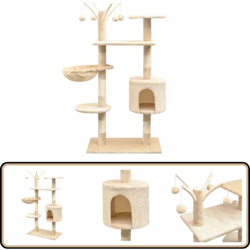 Katzen-Kratzbaum 125 cm Beige - Katzen Kratzbaum - Holz Katzenmöbel - Katzenhaus - Katzenspielplatz - Sisal Kratzbaum