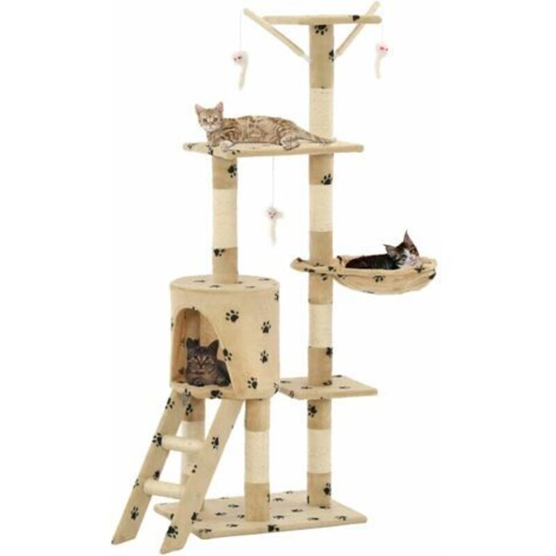Katzenkratzbaum mit Sisal 138 cm Beige Pfoten-Aufdruck Vidaxl