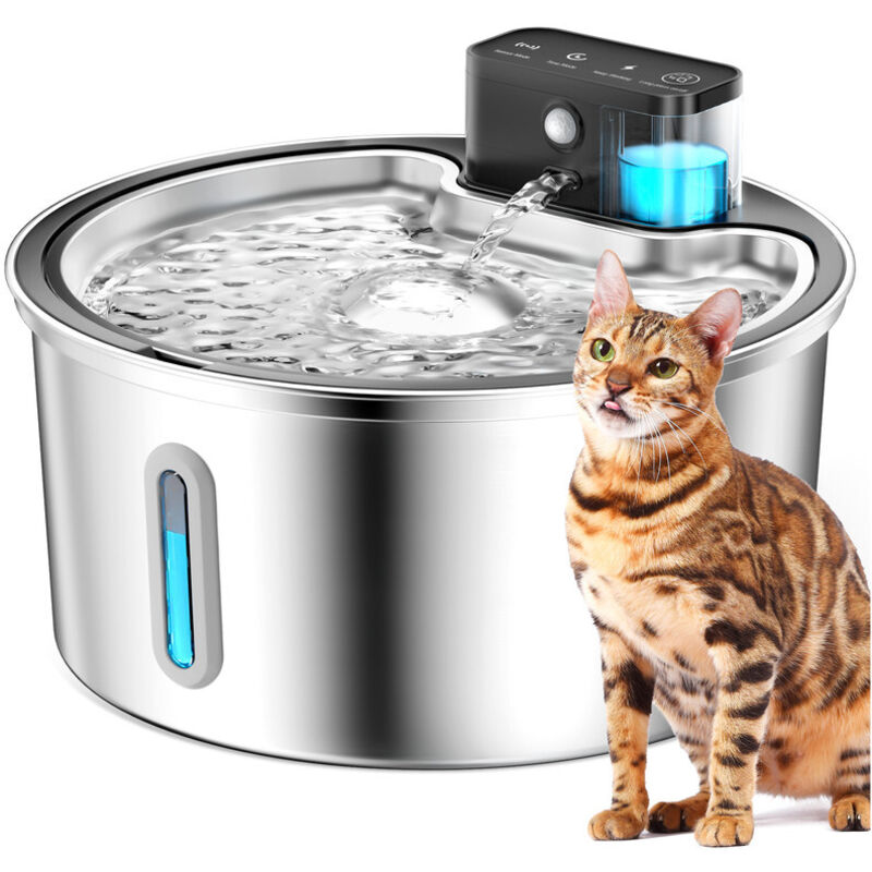 Katzenbrunnen Kabellos mit Bewegungsmelder 4200mAh Batteriebetrieben, 3,2L Edelstahl Trinkbrunnen für Katze mit Leise Wasserpumpe, LED