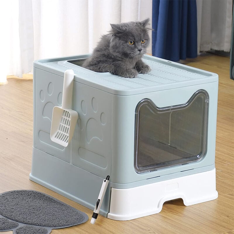 Katzenklo,Geschlossene Katzentoilette, Cat litter box, Ausziehbares Tablett, Schaufel,51 x 41 x 38 cm Blau
