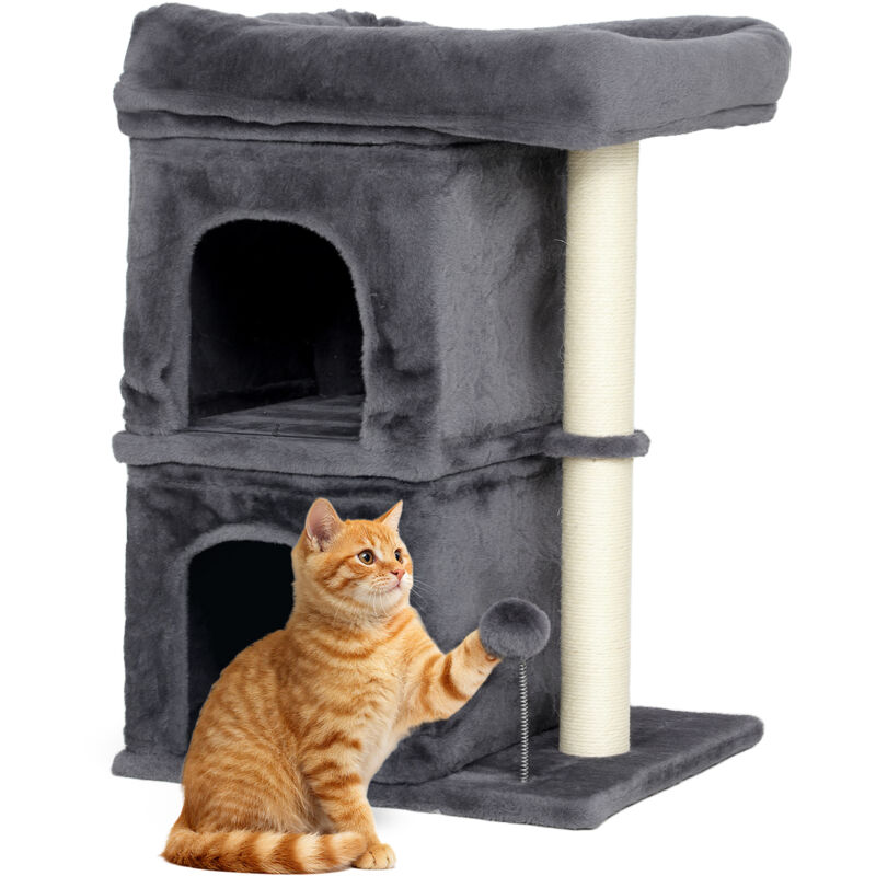 Katzenkratzbaum, Katzenturm, 2 Höhlen, Plattform, Sisalpfosten, kompakt, Dunkelgrau