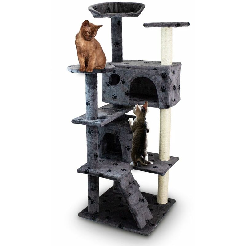 Bituxx - Katzenkratzbaum Kratzbaum Katzenbaum Spielbaum Katzenhöhle 3 Säulen mit Plüsch und Sisal Dunkelgrau / Pfote