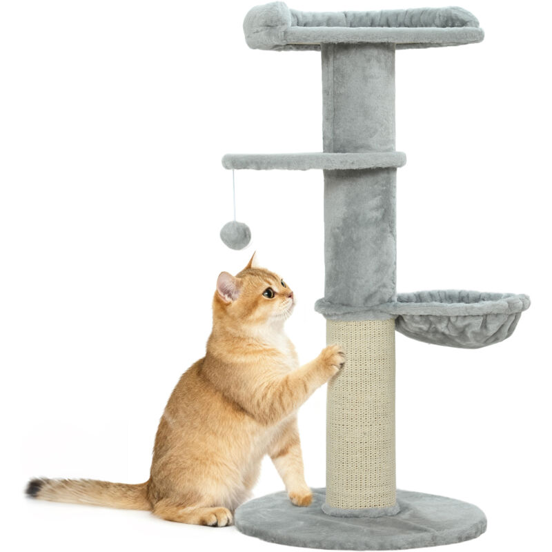 Katzenkratzbaum, Sisalpfosten, mehrstufig, Plüschstoff, hängende Kugel, Hellgrau
