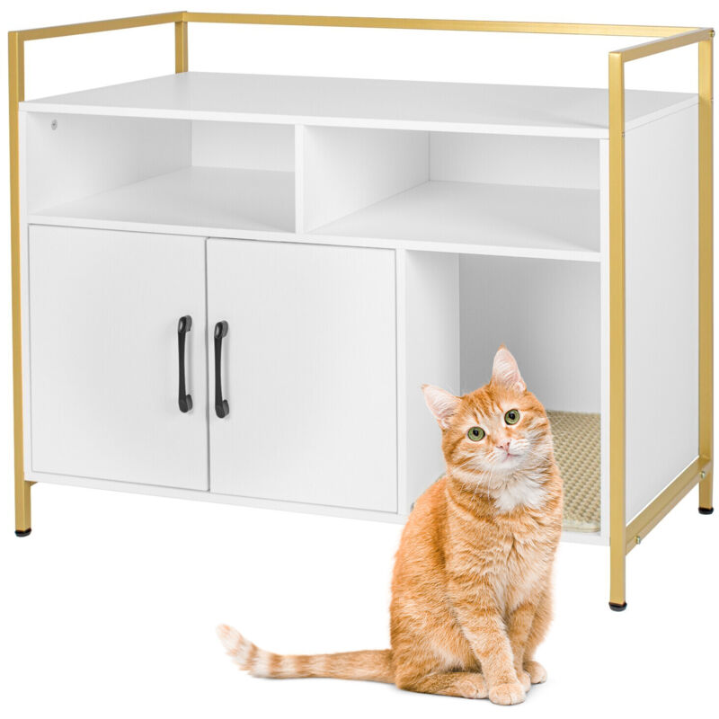 Relaxdays Katzenschrank für Katzentoilette, mit Katzenklomatte, Eingang, Stauraum, HBT 74x90x45cm, Katzenhaus, weiß/gold