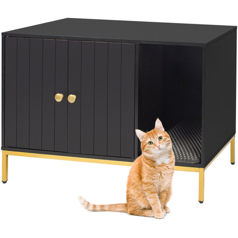 Relaxdays Katzenschrank für Katzentoilette, mit Katzenklomatte, mit Eingang, HBT: 55x80x50 cm, Katzenhaus, schwarz/gold
