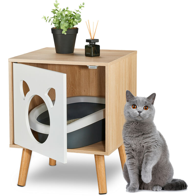 Relaxdays - Katzenschrank mit Tür, HxBxT: 50x40x40 cm, Katzenklo verstecken, Schlafplatz, Katzenkommode indoor, natur/weiß