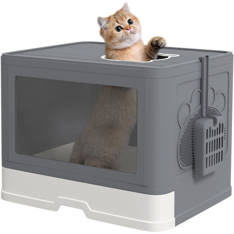 Katzentoilette Katzenklo Katzentoillete mit Abdeckung, 2 Ausgänge, 48,5 x 38 x 36,5 cm, Grau + Weiß