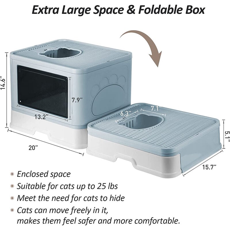 Haloyo - Katzentoilette mit ausziehbarer Schale, Katzenklo mit Schaufel, Haubentoilette mit Massagebrett, Faltbar Tragbar Doppeltür-Blau