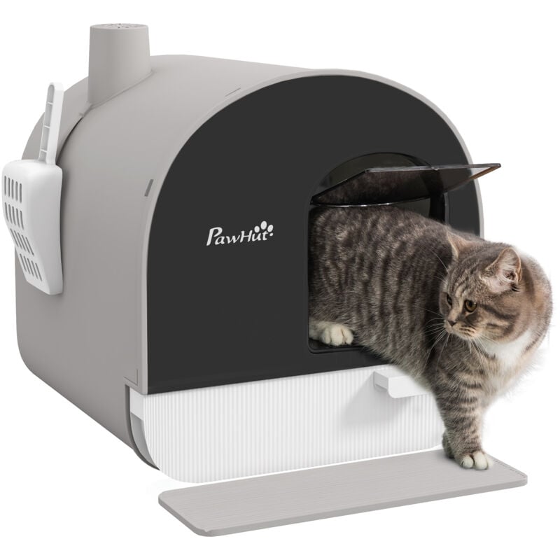 Katzentoilette mit Deckel, Katzenklo inkl. Schaufel und Streu-Matte, Ausziehbares Tablett, Katzenklo für große Katzen, Grau, 43 x 44 x 47 cm - Pawhut