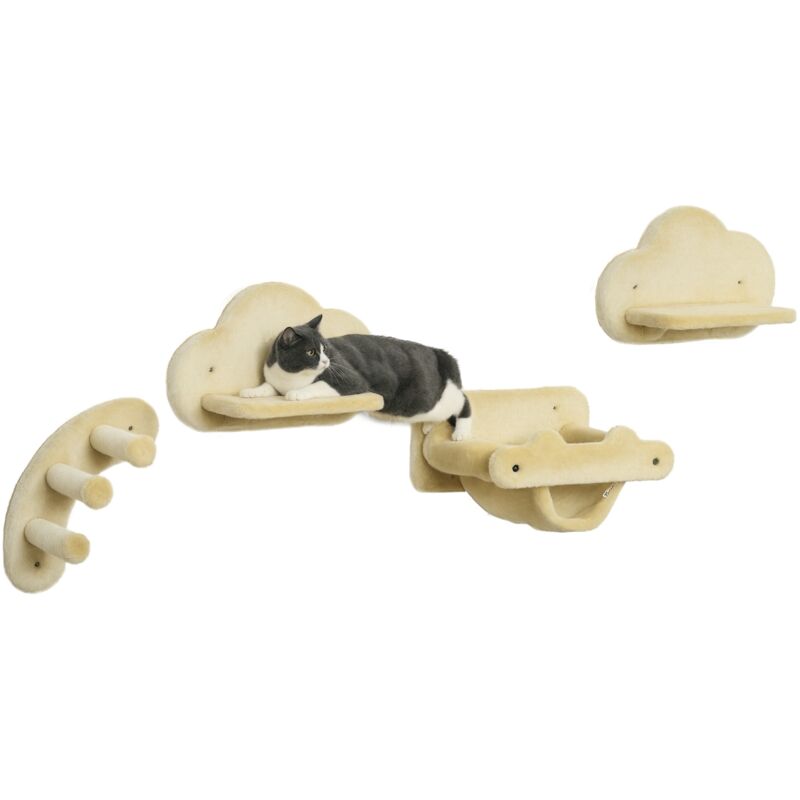 Pawhut - Kletterwand Katzen 4 tlg., Klettern Katzenkratzbaum inkl. Kaztentreppe, Hängematte, Sprungplatt, Wandkratzbaum, Wand Katzenmöbel für Katzen