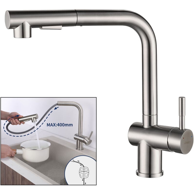 Küchenarmatur mit Brause Ausziehbar Lonheo Hochdruck Wasserhahn Küche, Einhebel Spültischarmaturen Küche mit 2 Sprühmodi, 304 Edelstahl Bleifrei und