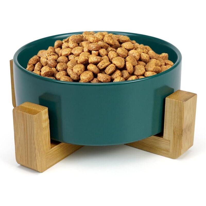 Aougo - Keramik-Katzennapf Loves, rutschfester Napf mit Bambus-Unterstützung für Hunde und Katzen, 400 ml, Grün
