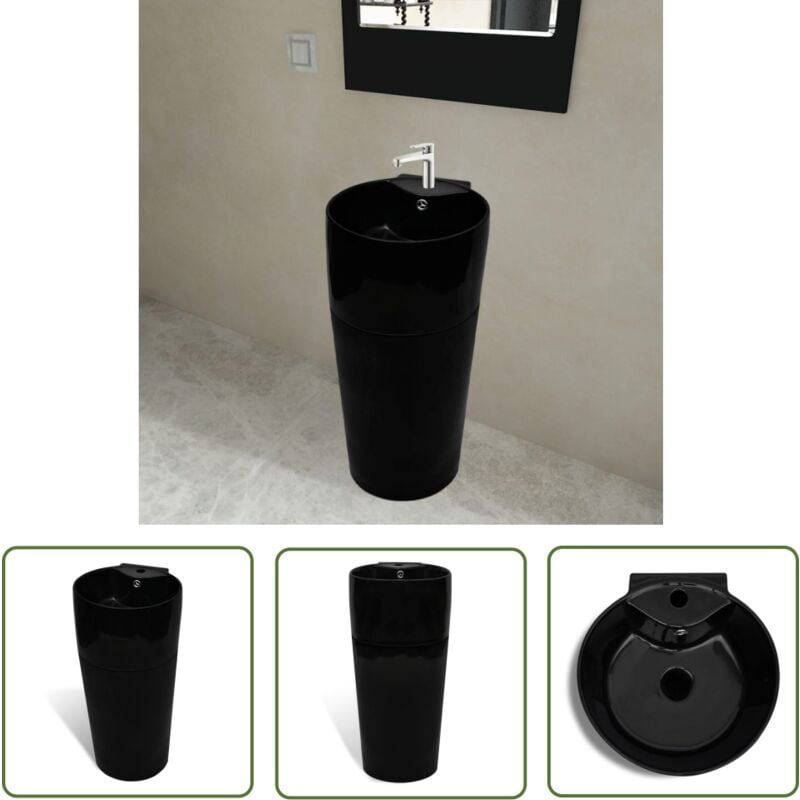 The Living Store - Standwaschbecken Keramik mit Loch für Überlauf/Armatur Schwarz - Keramik Waschbecken - Schwarzes Waschbecken - Freistehendes