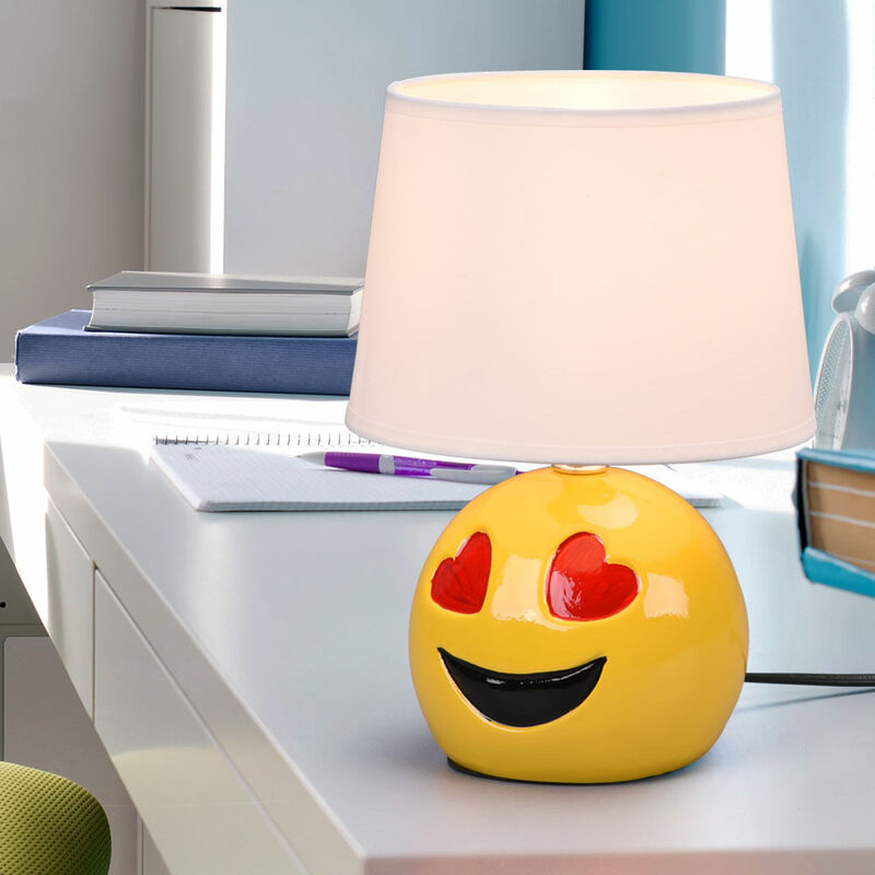 Keramik Tischlampe für Schlafzimmer Nachttischlampe Wohnzimmerlampe Tischlampe Modern, Emoji mit Herzaugen gelb, Textil weiß, E14 Fassung, DxH 18x26