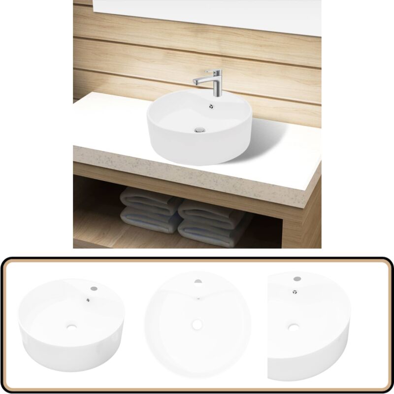 Keramik Waschbecken Hahnloch/Überlaufloch weiß rund - Keramik Waschbecken - Badezimmer Waschbecken - Rundes Waschbecken - Weiße Keramik - Einbau