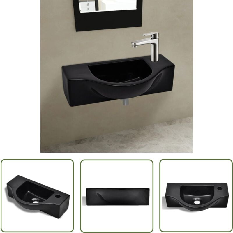 The Living Store - Keramik Waschbecken mit Hahnloch schwarz - Keramik Waschbecken - Schwarzes Waschbecken - Wandhängendes Waschbecken