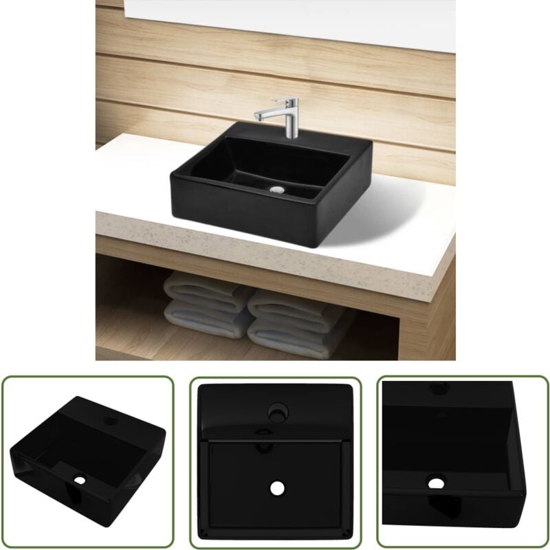 The Living Store - Keramik Waschbecken mit Hahnloch schwarz quadratisch - Keramik Waschbecken - Schwarzes Waschbecken - Wandmontage Waschbecken