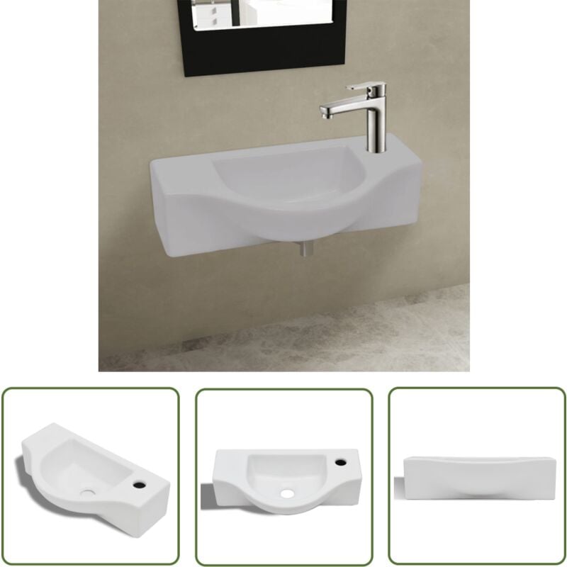 The Living Store - Keramik Waschbecken mit Hahnloch weiß - Keramik Waschbecken - Wandhängendes Waschbecken - Weiße Keramik - Badezimmer Waschbecken