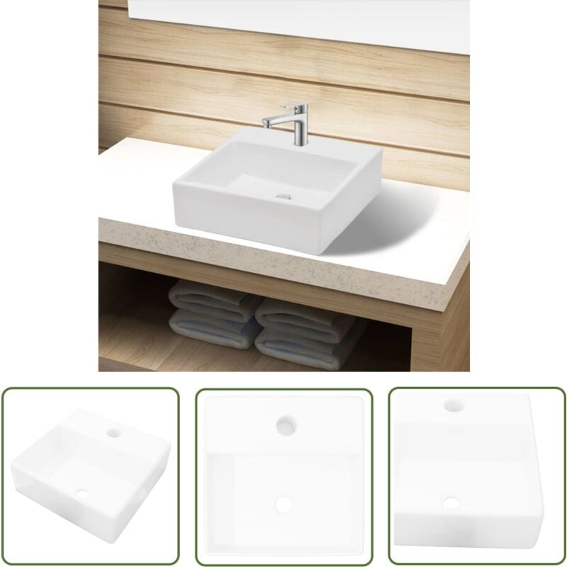 Werwing - Keramik Waschbecken mit Hahnloch Weiß Quadratisch - Keramik Waschbecken - Weißes Waschbecken - Quadratisches Waschbecken