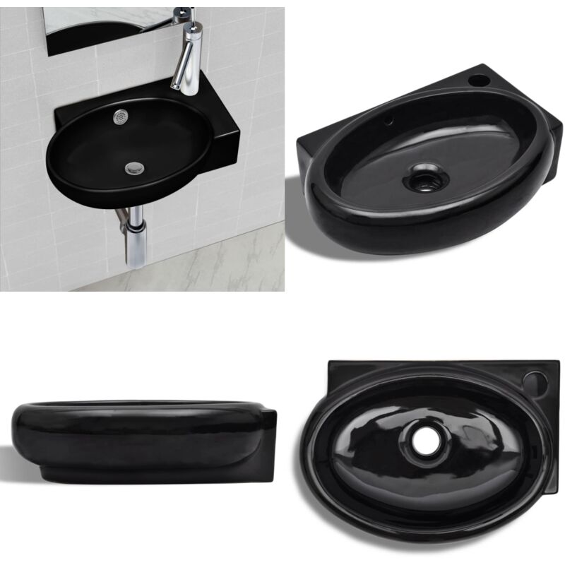 Keramik Waschbecken mit Hahn/Überlaufloch Schwarz Rund - Waschbecken - Keramikwaschbecken - Schwarzes Waschbecken - Rundes Waschbecken