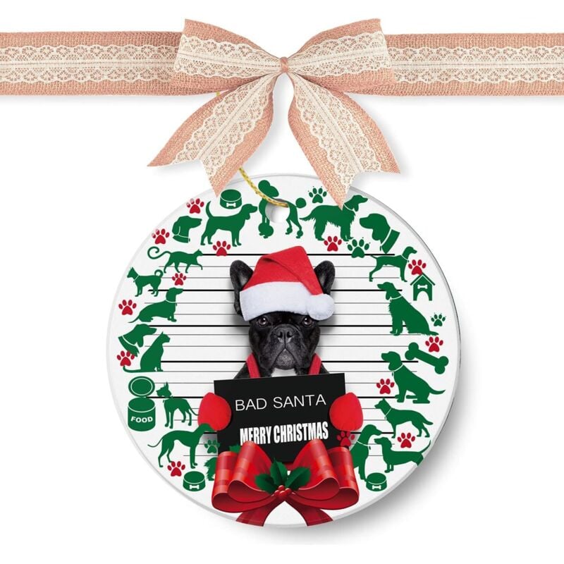 Keramik-Weihnachtsbaumschmuck, böser Weihnachtsmann, Hundekranz, 7,5 cm