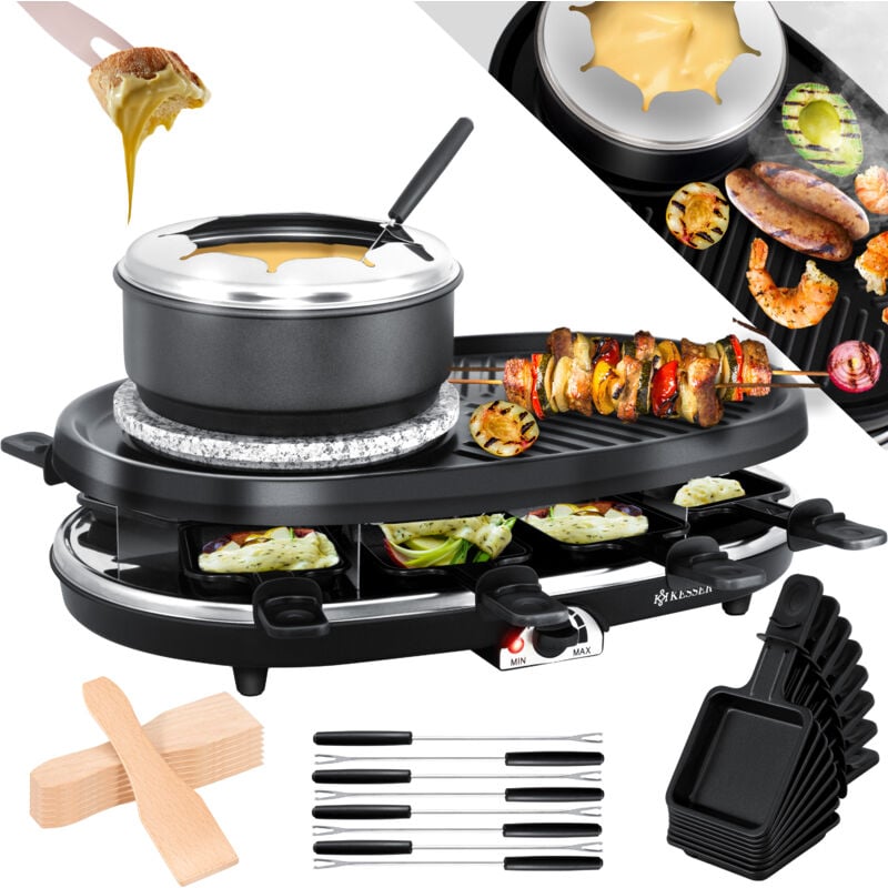 KESSER® 3in1 Raclette-Grill mit Naturgrillstein Grillplatte und Fondue Tischgrill für 8 Personen Elektrogrill Raclette Grill antihaftbeschichtet