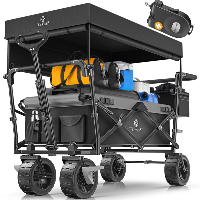 Bollerwagen faltbar GT9000 mit Dach Handwagen Transportwagen inkl. 2x 3-Punkt Gurtsystem klappbar Vollgummi-Reifen bis 80 kg Schwarz / Grau - Kesser