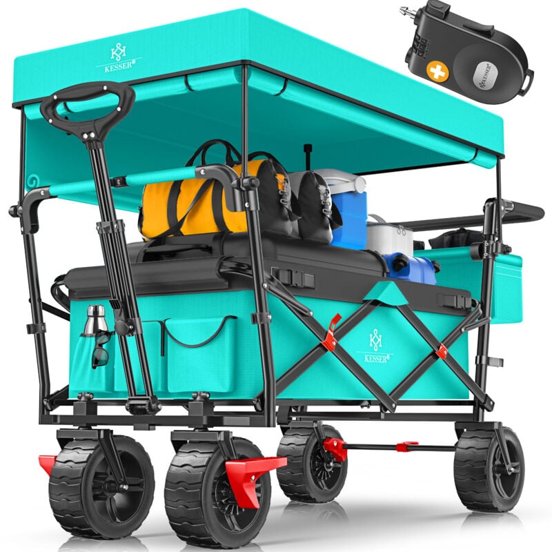 KESSER® Bollerwagen faltbar GT9000 mit Dach Handwagen Transportwagen inkl. 2x 3-Punkt Gurtsystem klappbar Vollgummi-Reifen bis 80 kg Mint Grün