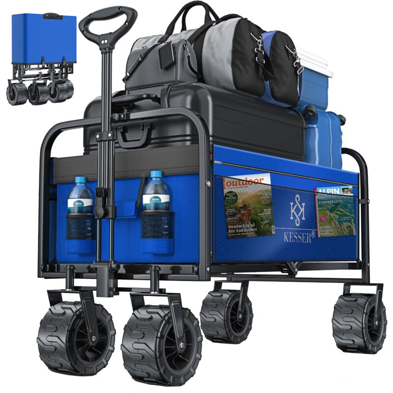 Bollerwagen faltbar mit Breite Reifen Handwagen Transportkarre Gerätewagen inkl. 2 Netztaschen klappbar Kunststoff-Reifen bis 120 kg Tragkraft