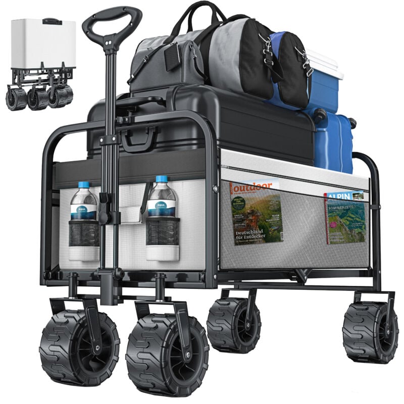 Bollerwagen faltbar mit Breite Reifen Handwagen Transportkarre Gerätewagen inkl. 2 Netztaschen klappbar Kunststoff-Reifen bis 120 kg Tragkraft Grau