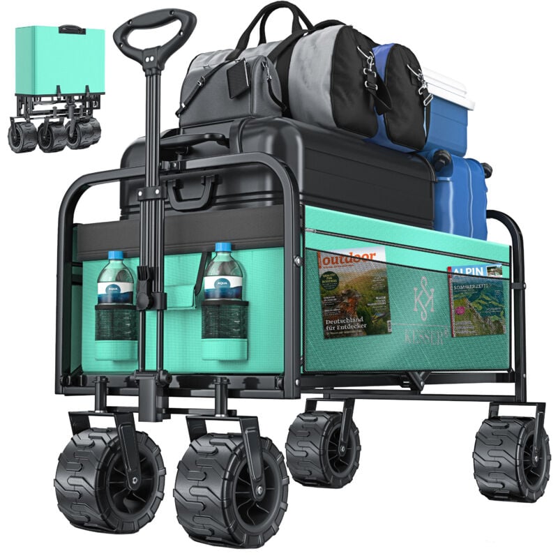 Bollerwagen faltbar mit Breite Reifen Handwagen Transportkarre Gerätewagen inkl. 2 Netztaschen klappbar Kunststoff-Reifen bis 120 kg Tragkraft Mint