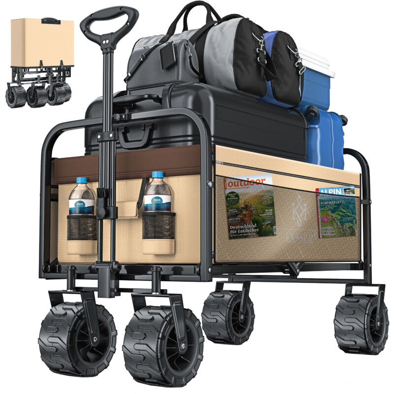 Bollerwagen faltbar mit Breite Reifen Handwagen Transportkarre Gerätewagen inkl. 2 Netztaschen klappbar Kunststoff-Reifen bis 120 kg Tragkraft Beige