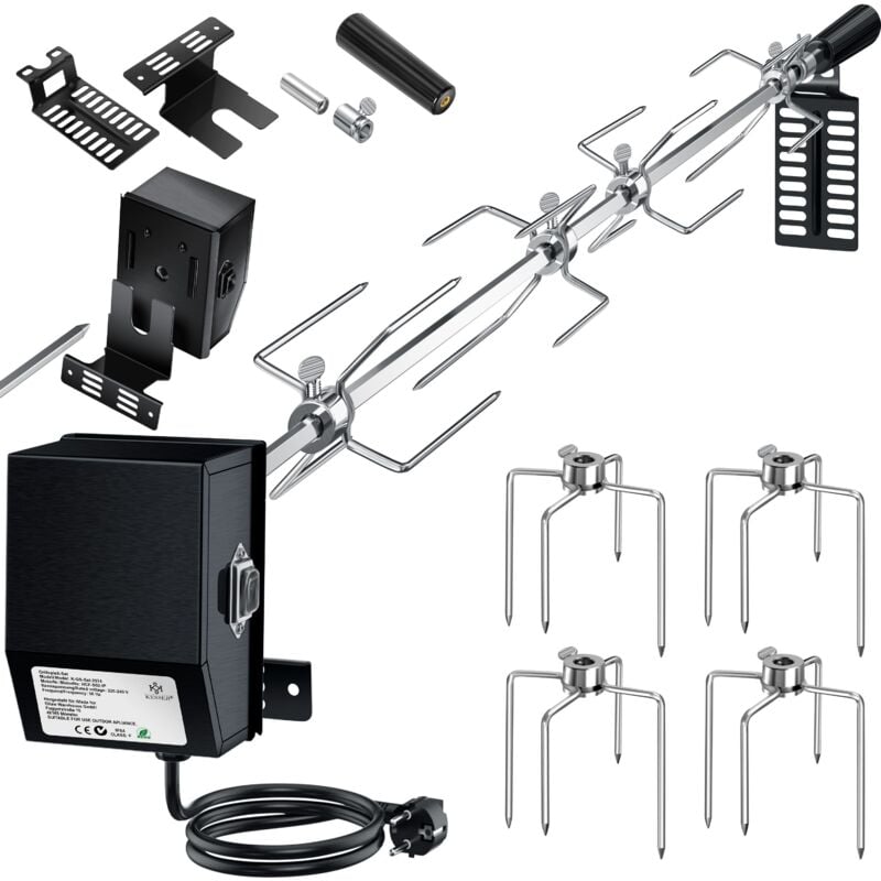 Edelstahl Grillspieß Set 107cm passend für Weber Spirit Gasgrill mit 4X Fleischnadeln bbq Fleischklammer Griffstück und Motor Rotisserie Schwarz