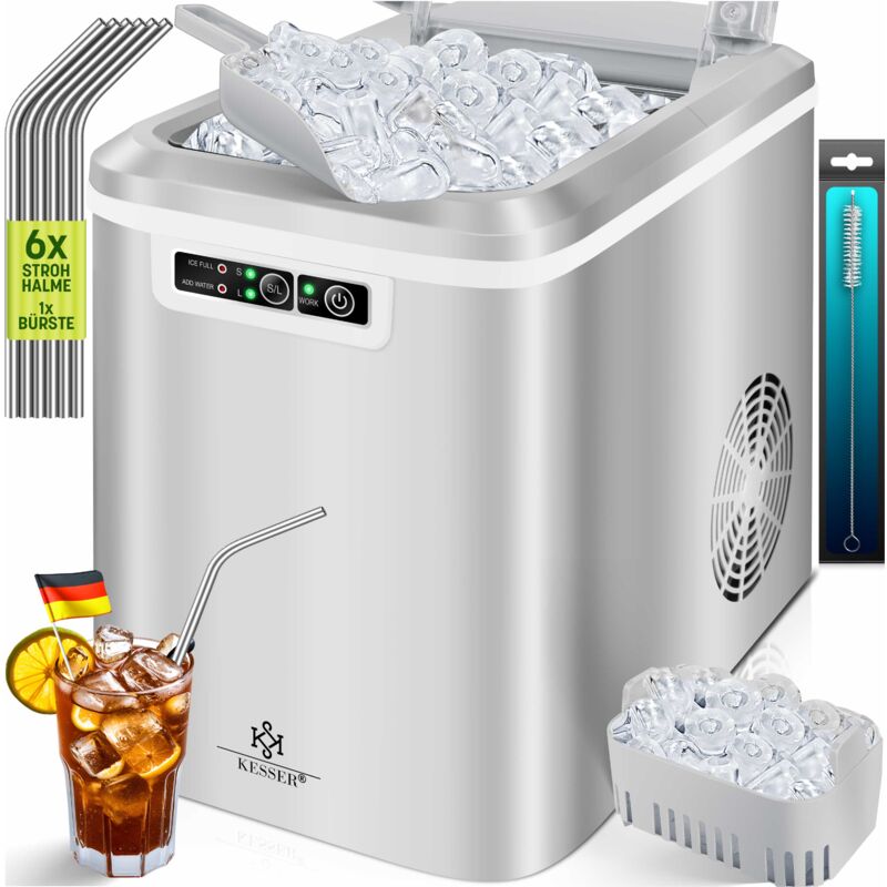 Eiswürfelbereiter Eiswürfelmaschine Edelstahl Ice Maker 12 kg 24 h Zubereitung in 7 min 2.2 Liter Wassertank 2 Eiswürfel-Größen Silber - Kesser