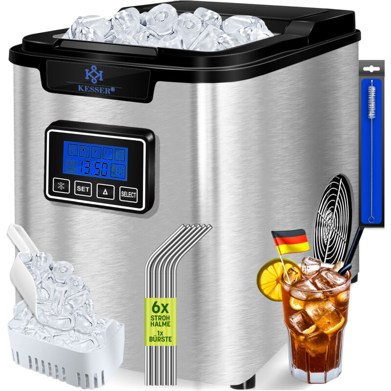 KESSER® Eiswürfelbereiter Eiswürfelmaschine Edelstahl 150W Ice Maker 12 kg 24 h 3 Würfelgrößen Zubereitung in 6 min 2.2 Liter Wassertank Silber