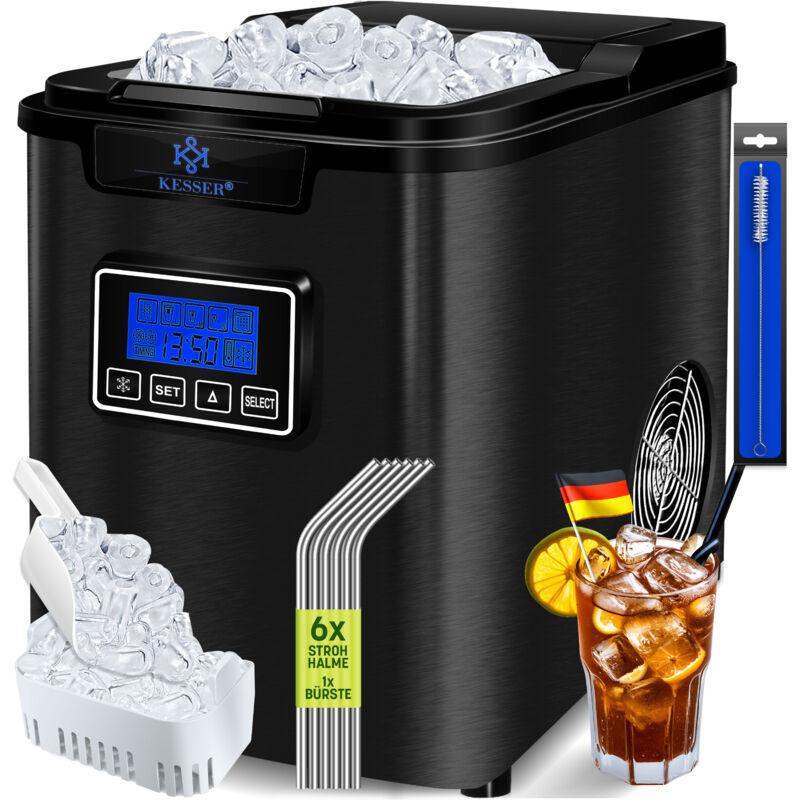 Eiswürfelbereiter Eiswürfelmaschine Edelstahl 150W Ice Maker 12 kg 24 h 3 Würfelgrößen Zubereitung in 6 min 2.2 Liter Wassertank Schwarz - Kesser