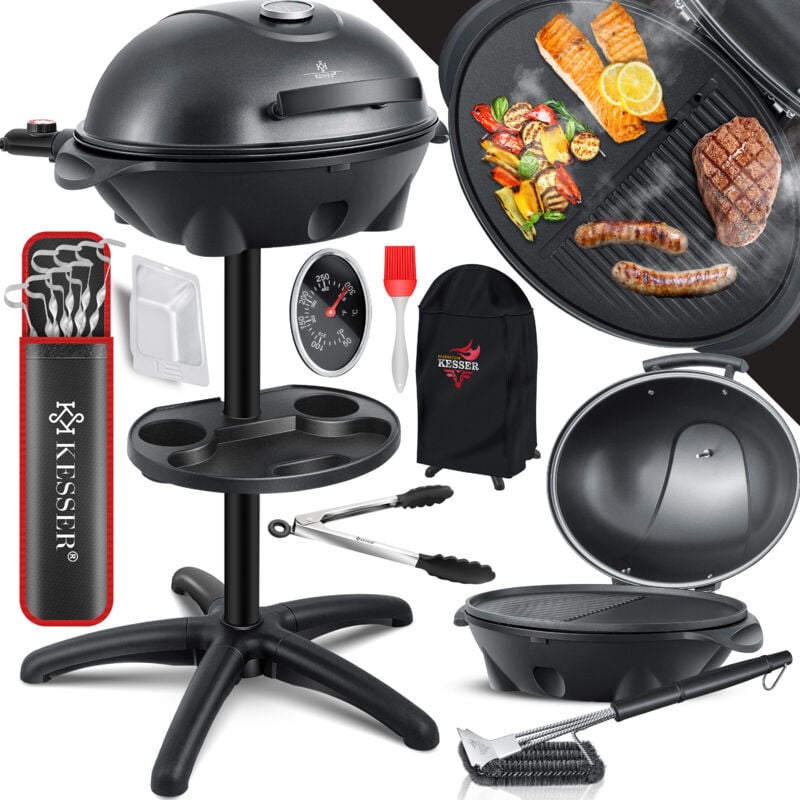 Elektrogrill 2in1, elektrischer Tischgrill, Standgrill mit Deckel, max. 2400Watt, Thermometer, Antihaftbeschichtung, xxl Grillplatte, Schwarz - Set