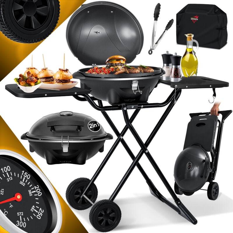 Elektrischer Elektrogrill 2in1 Tischgrill - mit Deckel und Standfuß, max. 2400 Watt, Faltbar, Thermometer, Antihaftbeschichtung, Set mit
