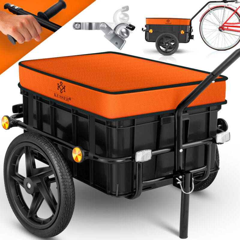 Fahrradanhänger Lastenanhänger Handwagen mit Kupplung Hochdeichsel für Fahrrad Transportanhänger Transportbox mit 70 Liter Volumen Max. 60kg Orange