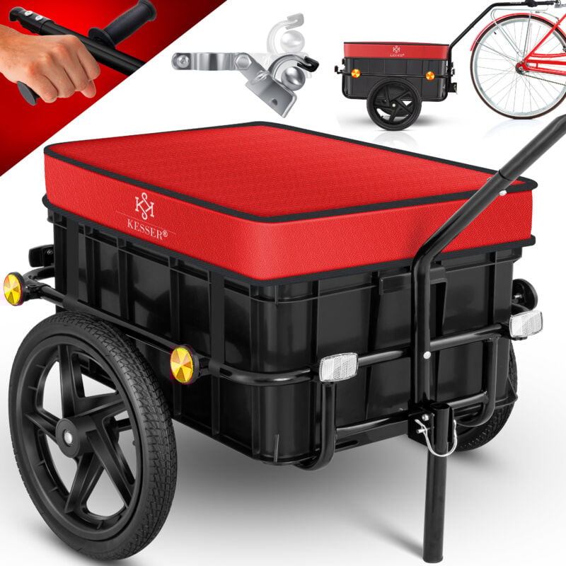 Fahrradanhänger Lastenanhänger Handwagen mit Kupplung Hochdeichsel für Fahrrad Transportanhänger Transportbox mit 70 Liter Volumen Max. 60kg Rot