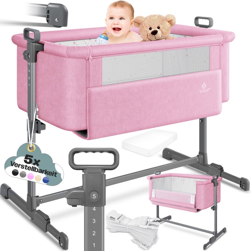 KESSER® Zustellbett Hubi 3in1 Baby Beistellbett Reisebett Babybett mit weich Matratze mit Rollen Kinderbett 5-fach Höhenverstellung Faltbar Rosa