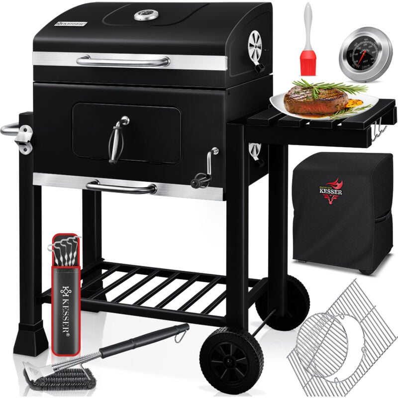 Grillwagen bbq Smoker xl Holzkohlegrill mit Deckel, Rädern, Edelstahl-Griff, Thermometer, Grillrost, Bürste, Abdeckhaube, 8 Spieße mit Tasche &