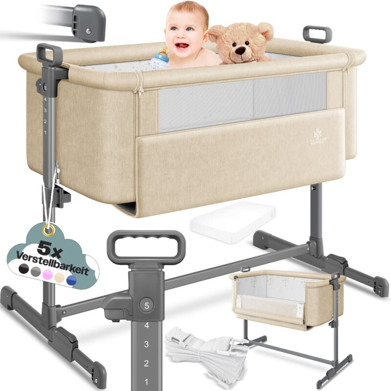 KESSER® Zustellbett Hubi 3in1 Baby Beistellbett Reisebett Babybett mit weich Matratze mit Rollen Kinderbett 5-fach Höhenverstellung Faltbar Beige