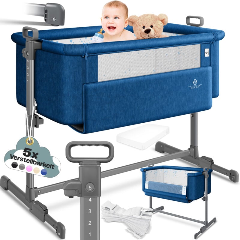 Zustellbett Hubi 3in1 Baby Beistellbett Reisebett Babybett mit weich Matratze mit Rollen Kinderbett 5-fach Höhenverstellung Faltbar Blau - Kesser