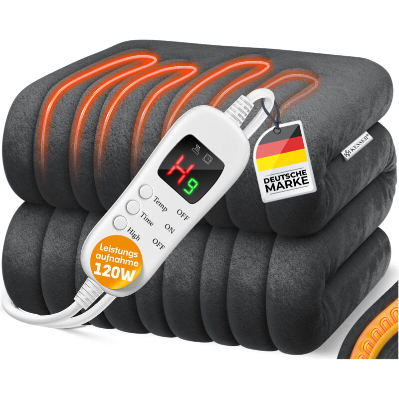 Heizdecke aus Plüsch tüv süd gs geprüft elektrische Wärmedecke mit Timer Abschaltautomatik Kuscheldecke 9 Temperaturstufen & waschbar Dunkelgrau /